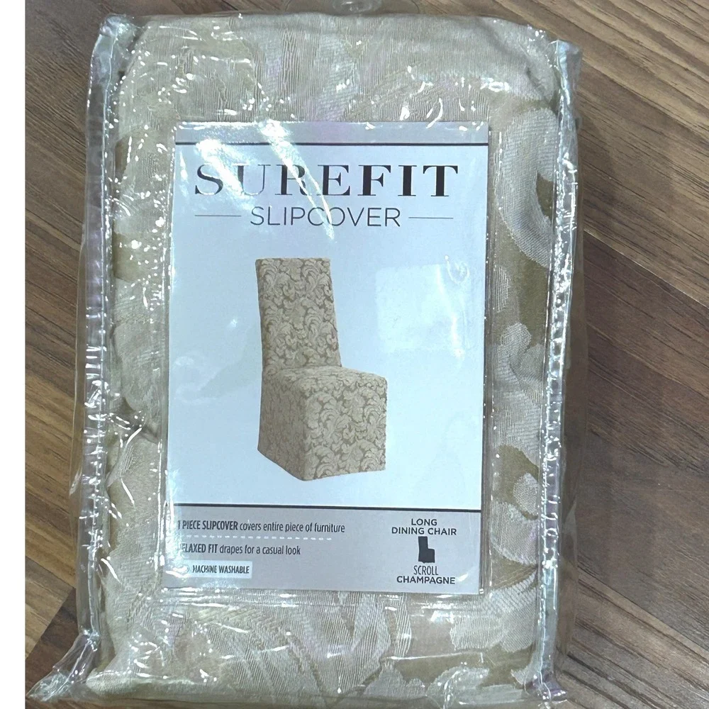 SureFit Long Dining Chair Slipcover Scroll Champagne Relaxed Fit 1 Piece New